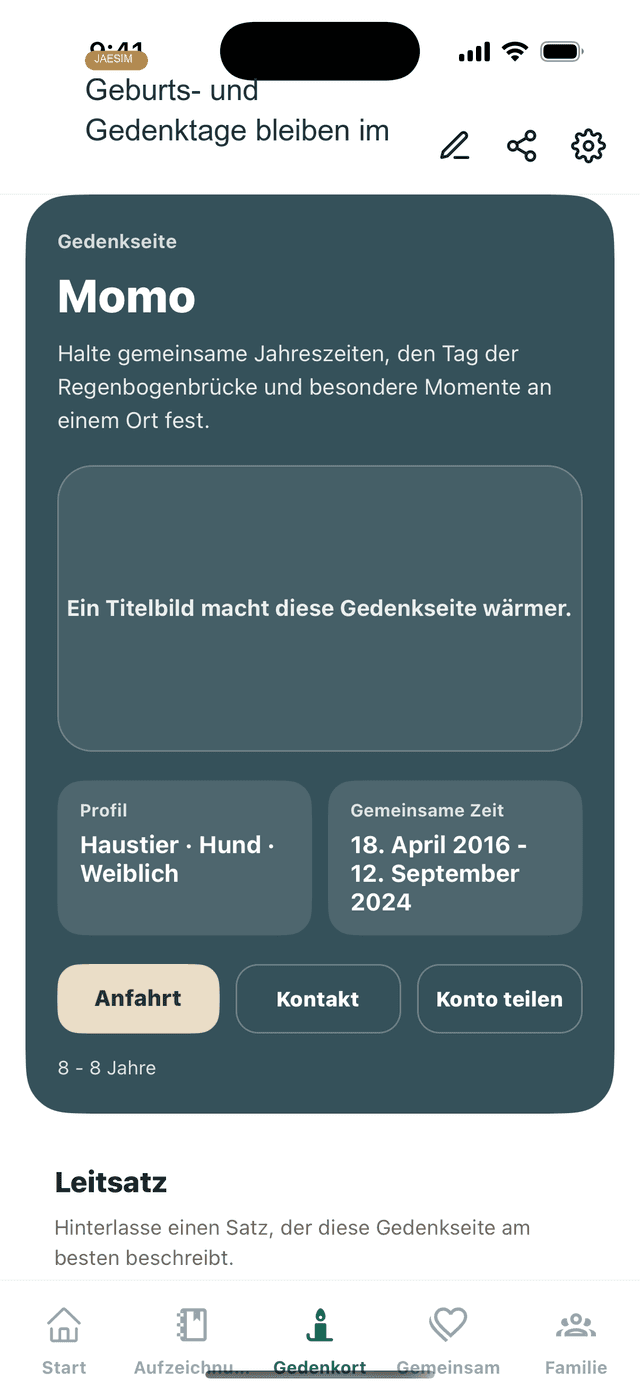 Jaesim Bildschirm fuer Gedenktag- und Geburtstags-Erinnerungen