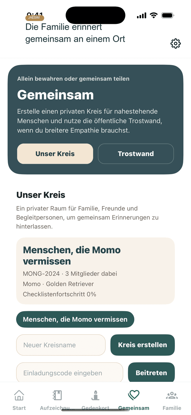 Jaesim Bildschirm fuer privaten Familienkreis