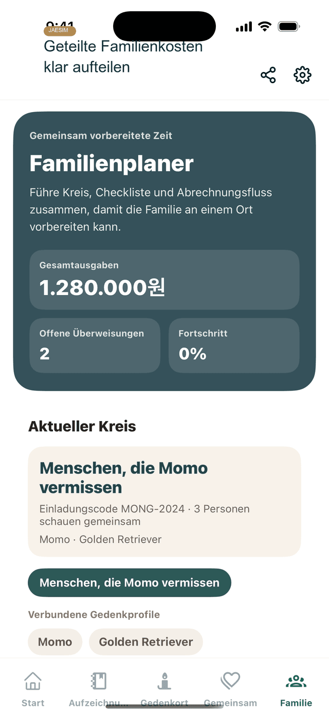 Jaesim Bildschirm fuer Familienplanung und Kosten