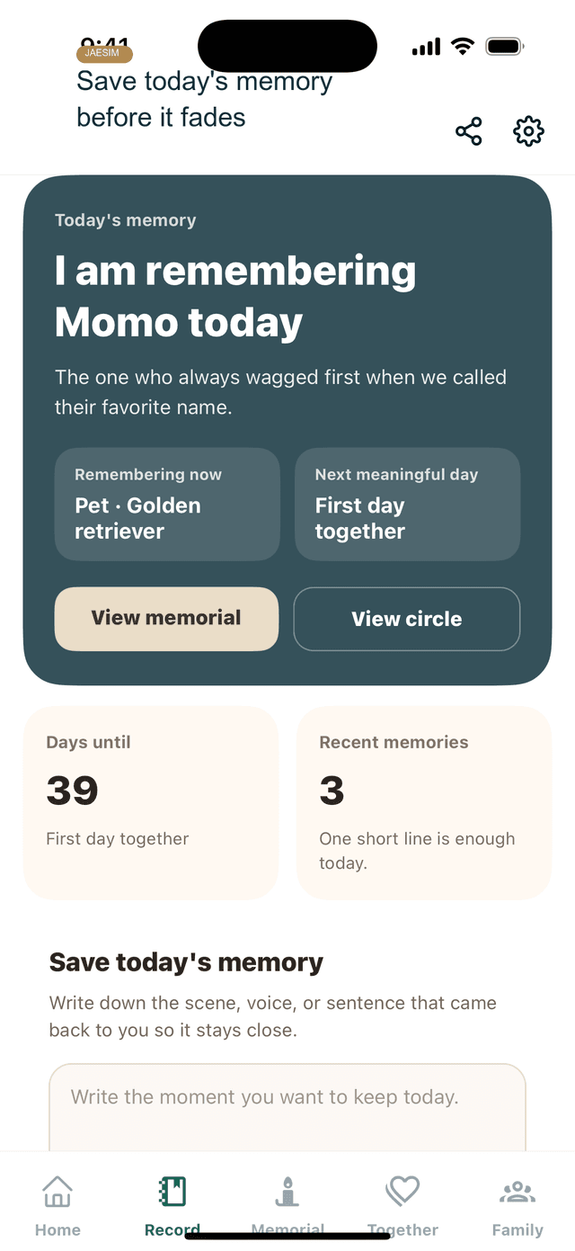 Jaesim daily memory journal screen