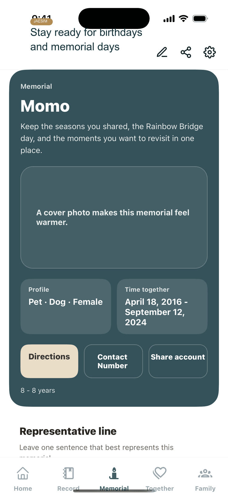 Memorial reminder screen
