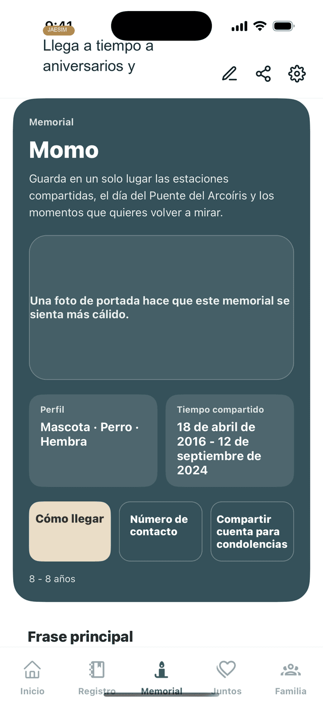 Pantalla de recordatorios conmemorativos de Jaesim