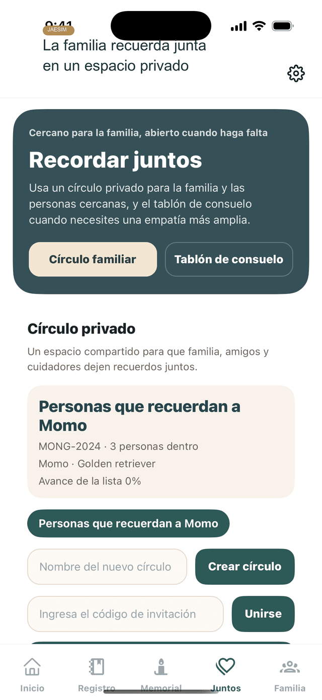 Pantalla de circulo familiar privado de Jaesim