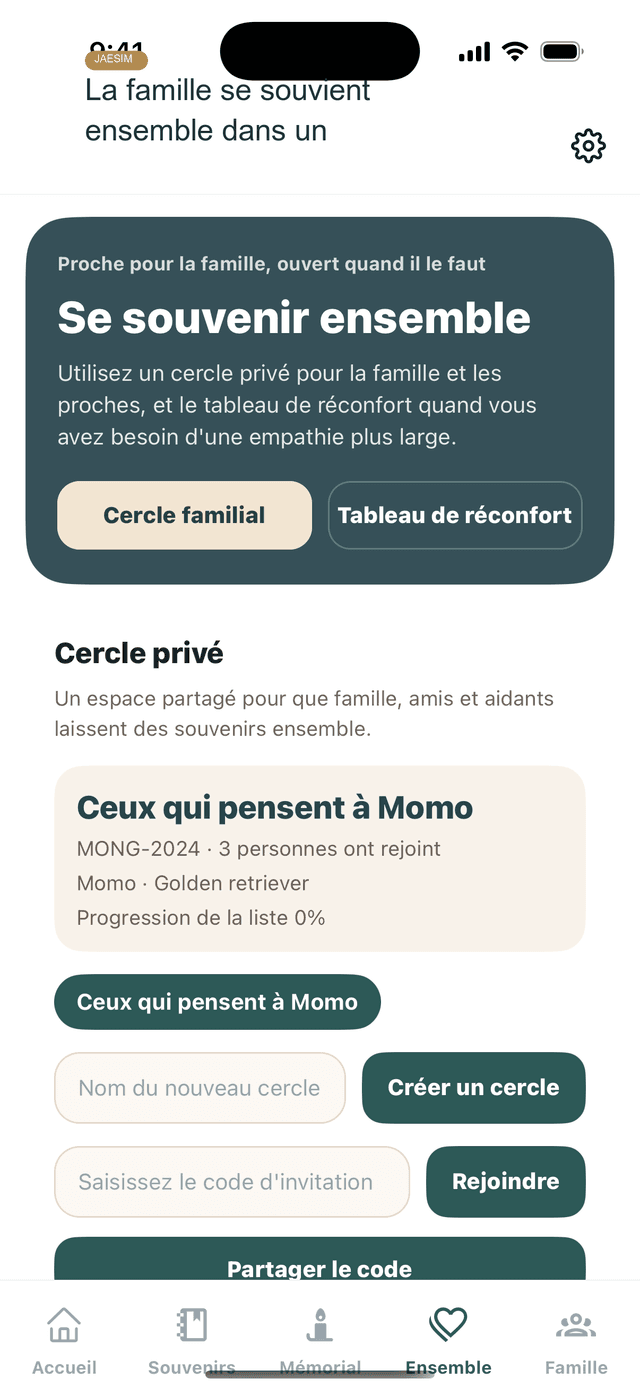 Ecran de cercle familial prive Jaesim