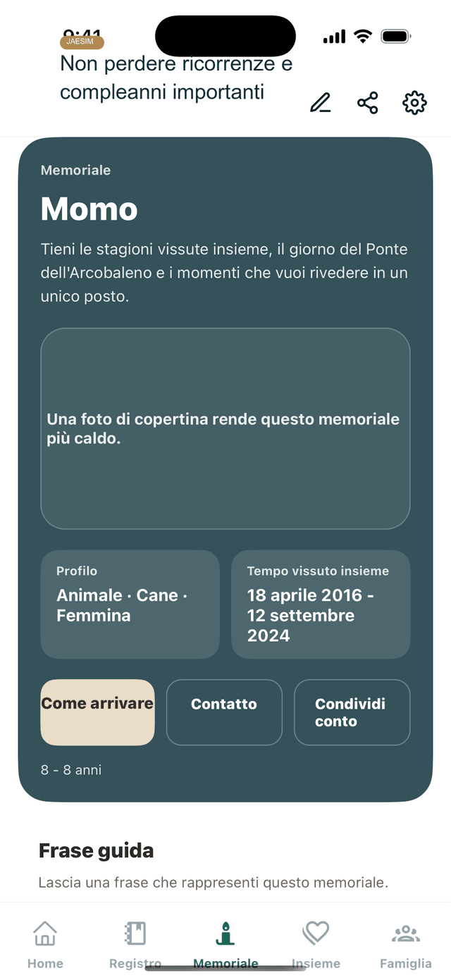Schermata promemoria commemorativi di Jaesim