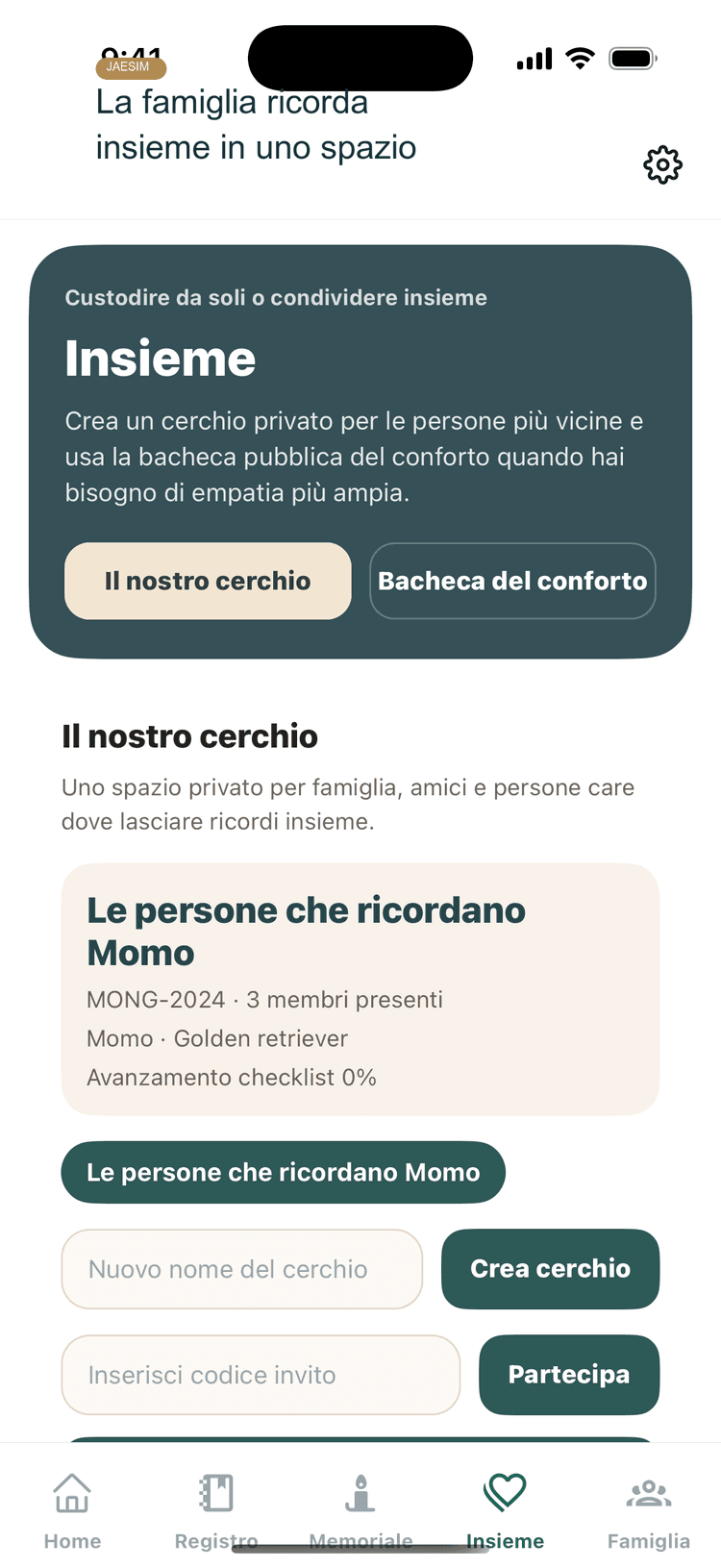 Schermata della memoria familiare