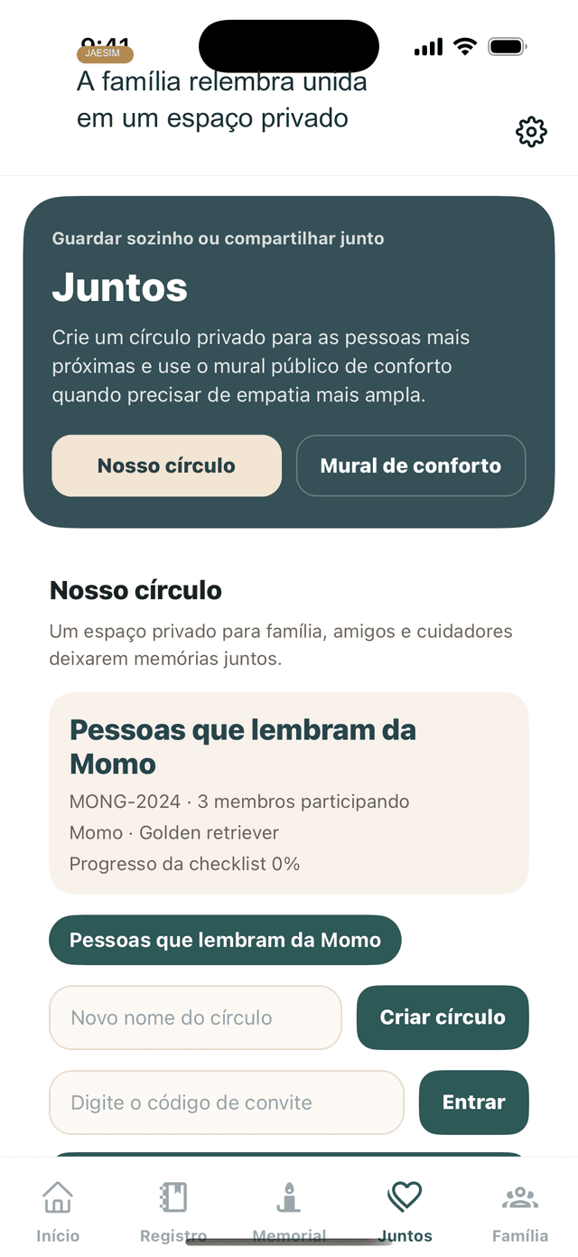 Tela de circulo familiar privado do Jaesim