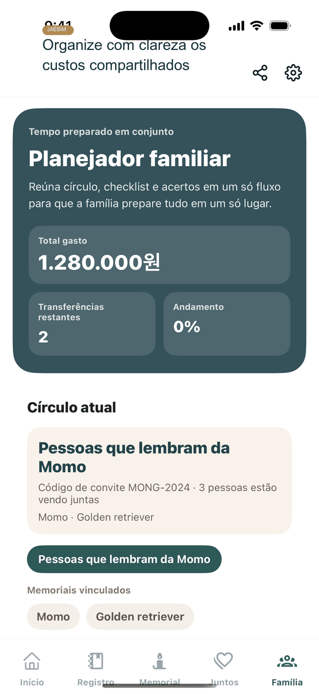 Tela de preparacao familiar e custos do Jaesim