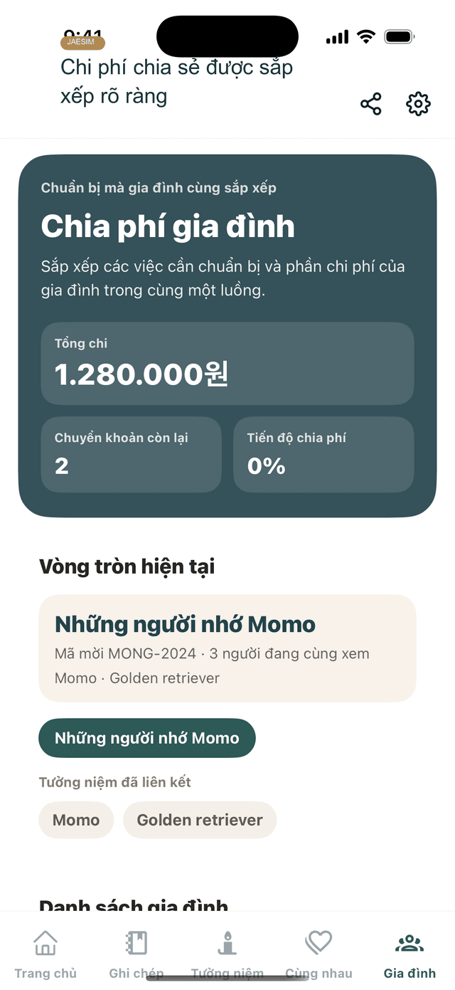 Man hinh chuan bi gia dinh va chi phi Jaesim